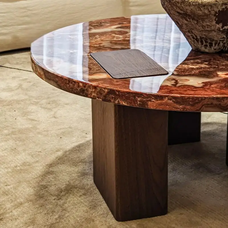 Italian Luxury Dragon Red Marble Coffee Table Set, Designer Round Table with Natural Veining, Heat&Scratch Resistant, Customize