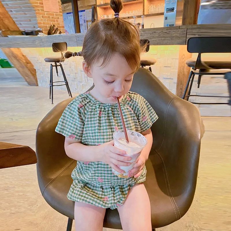 summer New kid clothes Ramie cotton short-sleeved shirt shorts Flower set Plaid suit Boys girls sets Lace Lace Doll dress