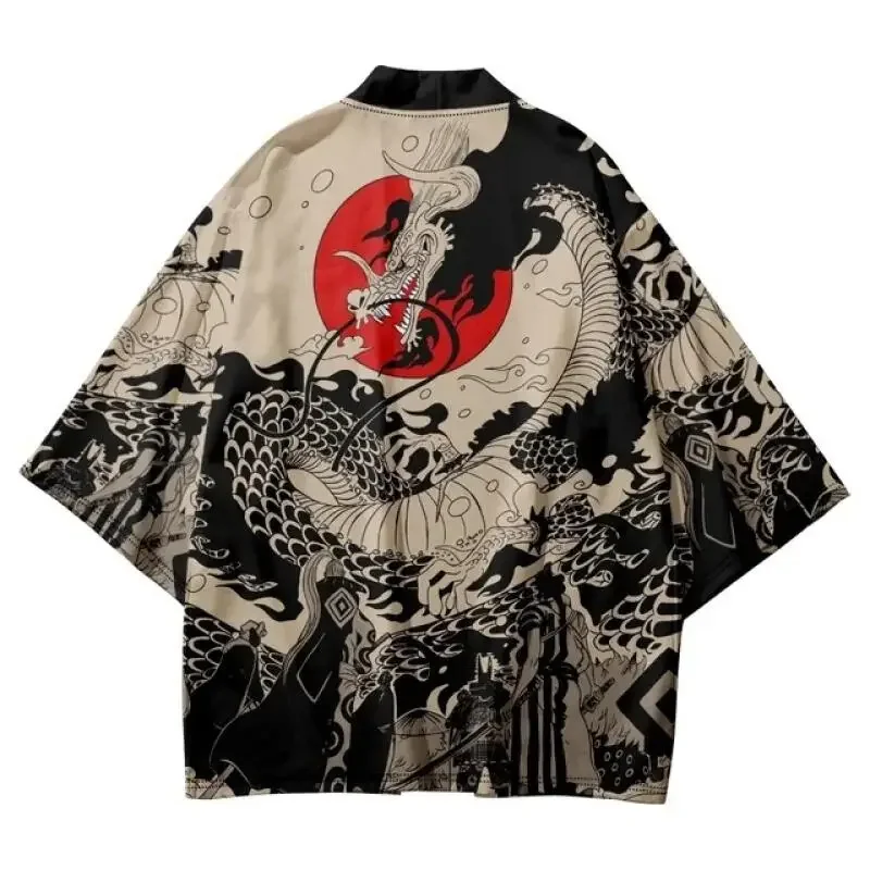 Mens Japanese Dragon Kimono Cardigan Haori Oriental Print Three Quarter Sleeve Casual Streetwear Loose Open Front Jacket Tops