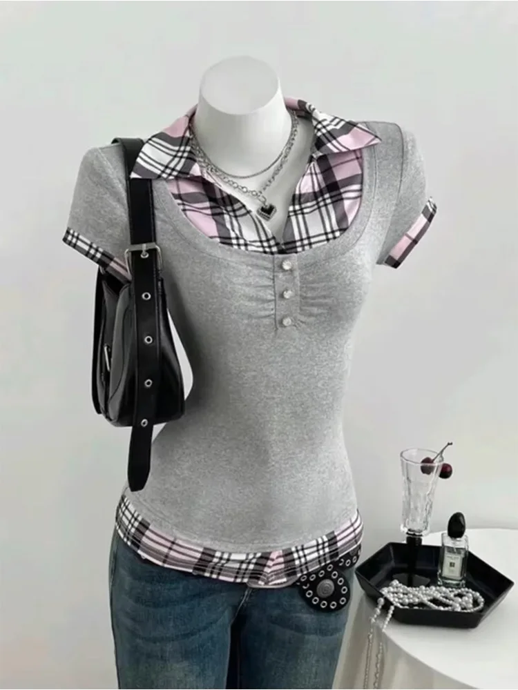 Summer Women Y2K Preppy Streetwear Fake Two Piece Plaid Patchwork Collar Scoop Neck Button Ruched Slim Fit T-shirt 2026 new