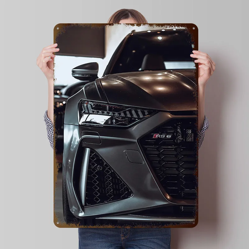 Sports Car RS6 Front Grille Printed Poster Customized Wall Art Retro Vintage Metal Tin Signs for Home Room Accessories House