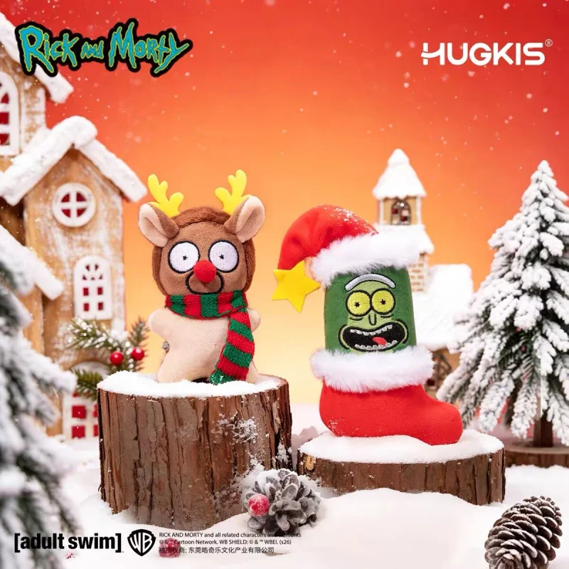 In Stock Genuine HUGKIS Rick and Morty Christmas Pendant Pickle Rick Reindeer Morty Elk Keychain Bag Charm Christmas Gift Toy