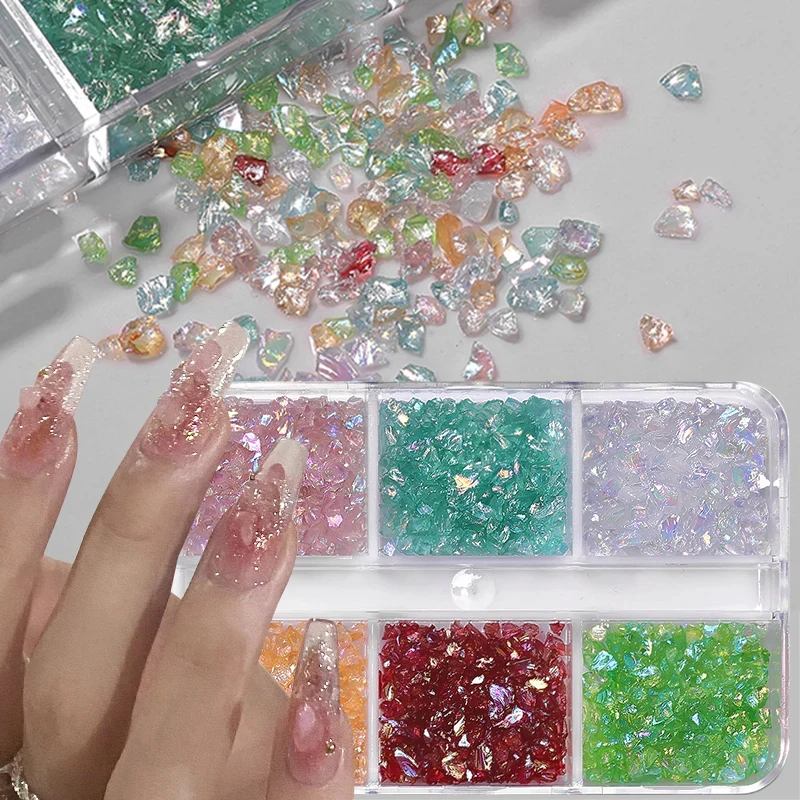 6 Grids Mixed Color Green White Pink Ice Spar Transparent Nail Art Decorations Glass Shiny Nail Art Manicure Diy Accessories