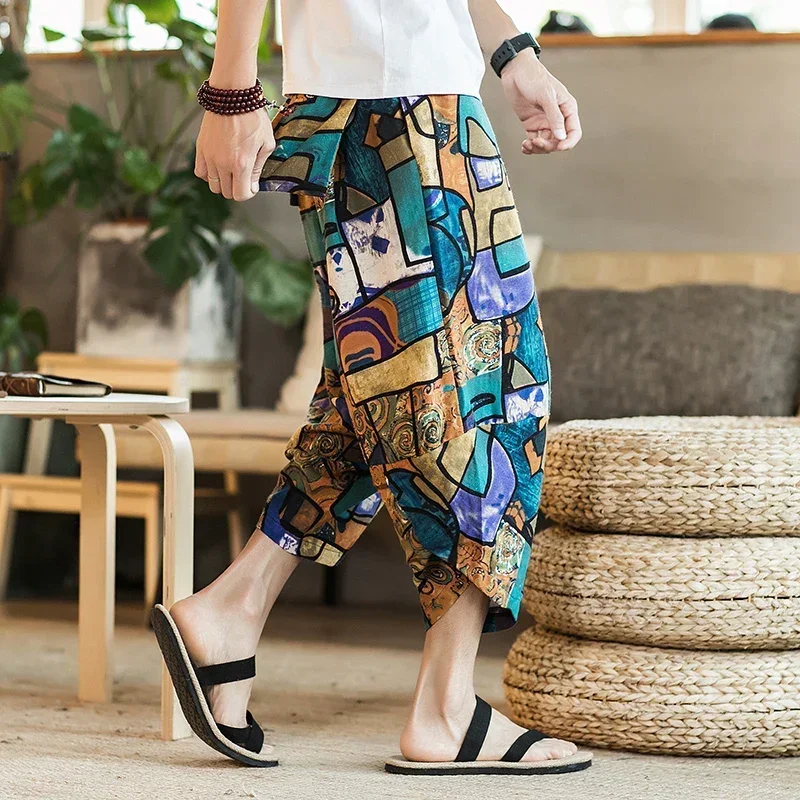 Kimono Pants Japanese Male Casual Loose Seven-Point Samurai Print Trouser Japan Men Yukata Harajuku Traditional Asian Costume