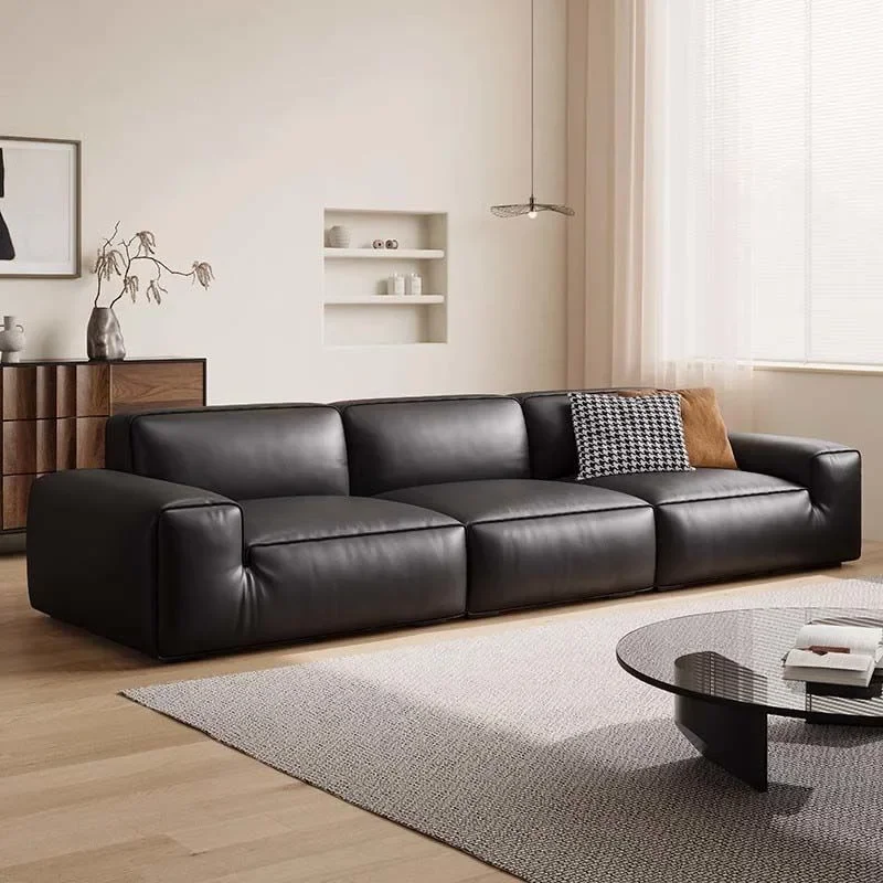 Big black cow sofa living room Italian minimalist first layer cowhide black tofu block full sofa