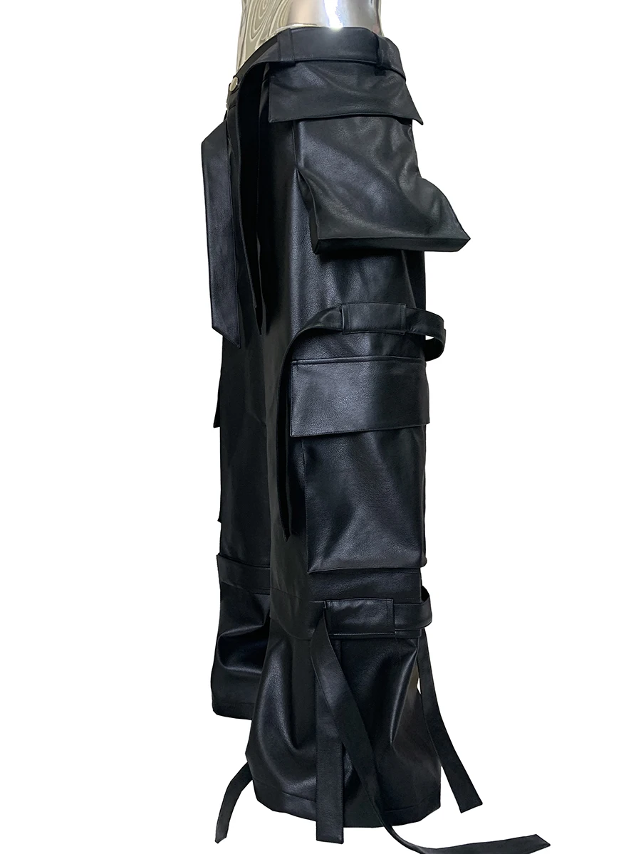 

Осенние крутые длинные мешковатые черные широкие брюки-карго из искусственной кожи, мужские брюки-карго с множеством карманов, ремни, роскошная дизайнерская одежда в стиле эмо, уличная одежда 2025