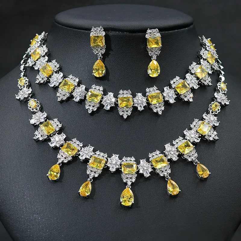 

European and American Fashion Water Drop Zircon Pull-up Women's Wedding Bride Necklace Earrings Jewelry Set