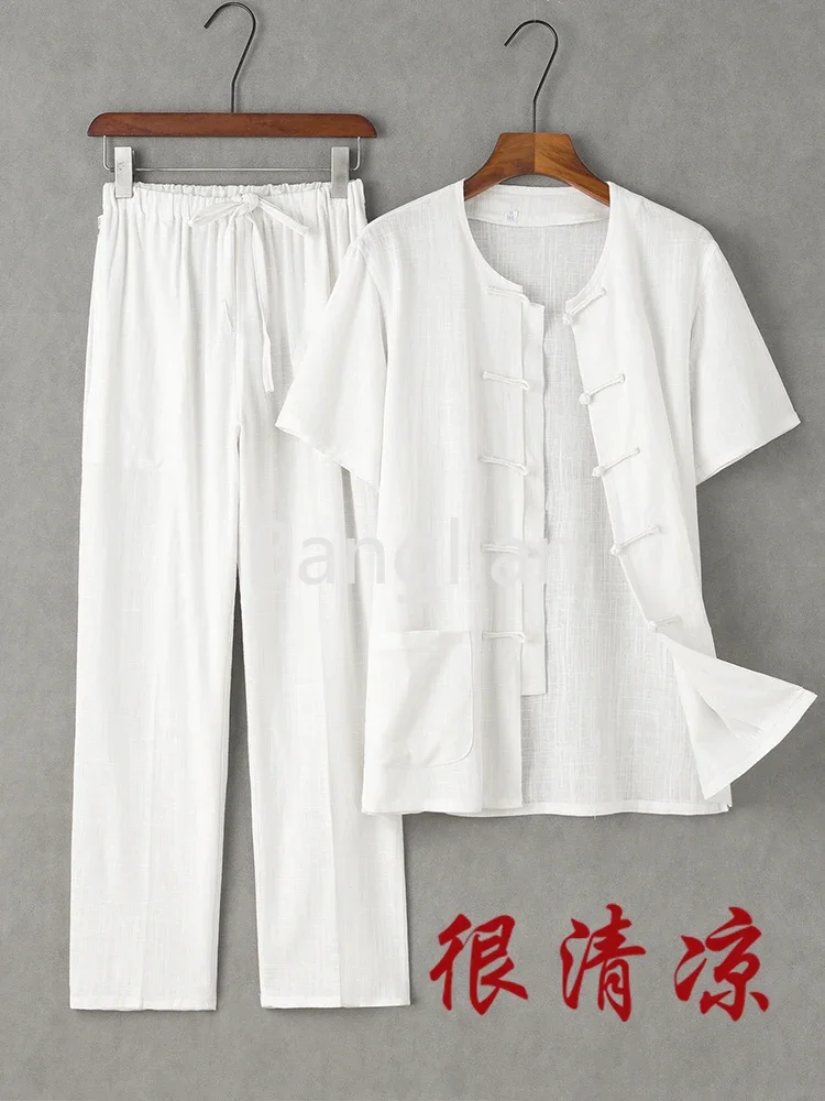 Summer Slimming Set for Middle-aged and Elderly Tang Dynasty Men with Short Sleeves, Chinese Casual Men's Linen