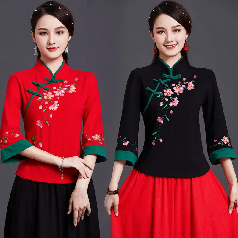 Ethnic Style Embroidered Shirt Qipao Cheongsam Tops Traditional Chinese Clothing For Women Fashion Bracelet Sleeve Hanfu Modern