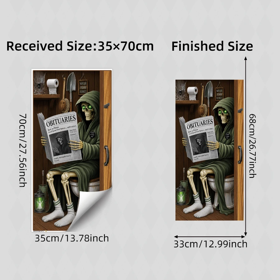 Waterproof Halloween Skeleton Trash Can Decal, Funny Skeleton on Toilet Sticker for Outdoor Yard & Garbage Bin Decor