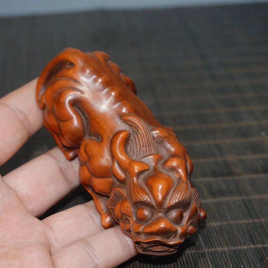 Hand Carved Wood the guardian animal Pixiu Statue Figurine Desktop Ornaments Home Decoration Crafts Tea Pet Decor