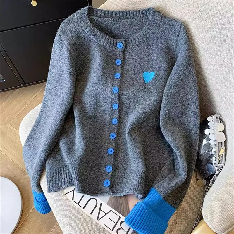 

Casual Knitted Women Cropped Spliced Cardigan Single Breasted Long Sleeve Spliced Woman Round O Neck Knitwear Vintage Harajuku