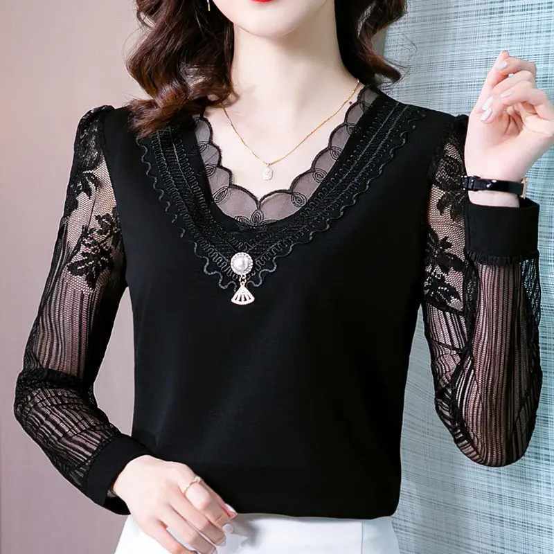 Office Lady Grace V-neck Beaded Shirt Lace Hook Flower Splice Mesh Long Sleeve Spring Blouses Women Fashion Wild Top Oversized