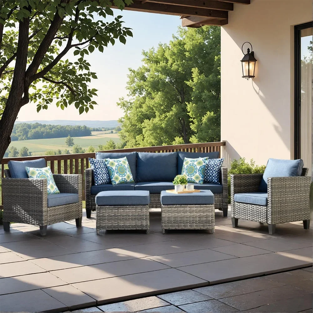 

5 Pieces Outdoor Wicker Patio Furniture Set Garden Furniture Sets or Backyard Grey Wicker Denim Blue Ideal for Garden Sofa Chair