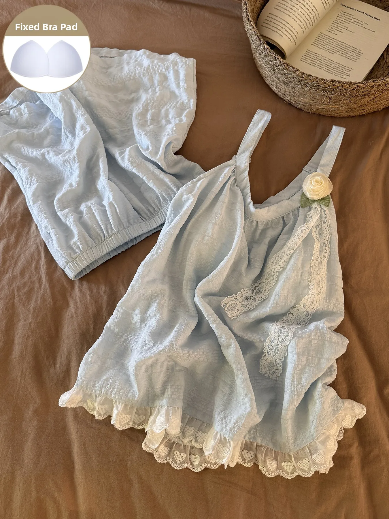 純綿レースフラワー女性の寝間着夏ブルーストラップショーツホーム服セット漫画かわいいスタイルクラウドコットン生地