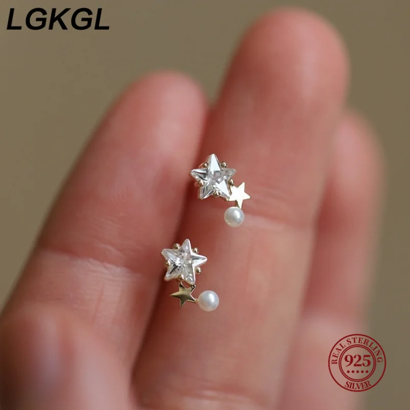 

LGKGL Five-pointed star zircon earrings sterling silver earrings plated with 14K gold star pearl earrings for women new style