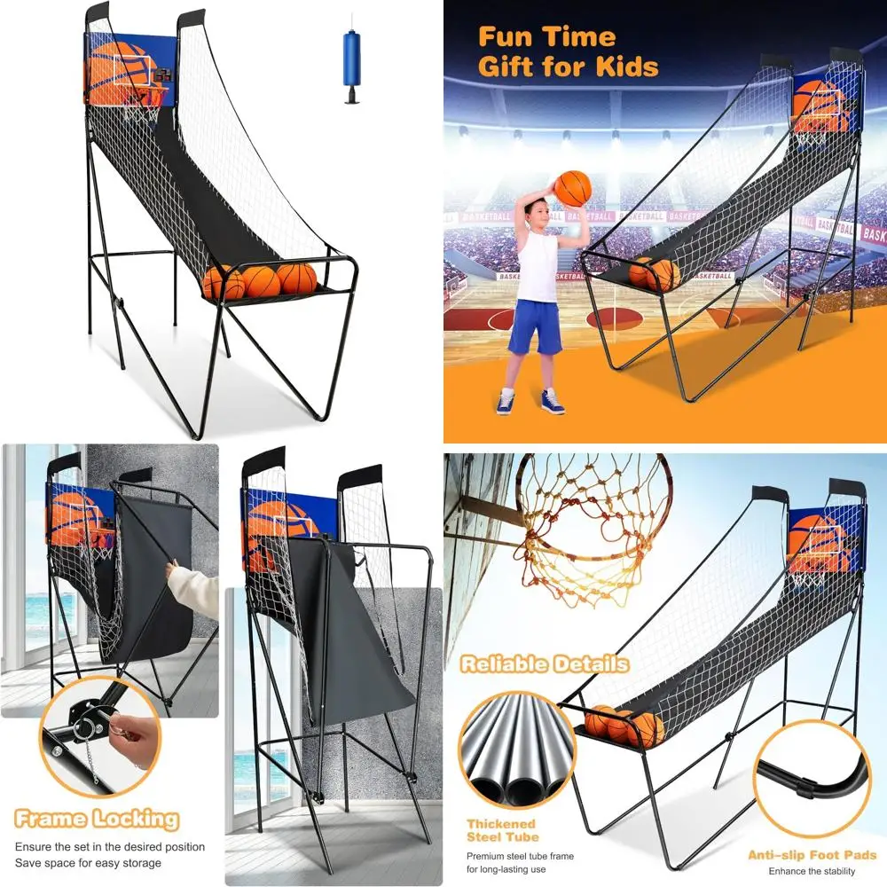 Permainan Bola Basket Elektronik Portabel dengan Pencatat Skor, Bel, 3 Bola, Pompa, Ideal untuk Hiburan Bola Basket Tunggal di Dalam Ruangan