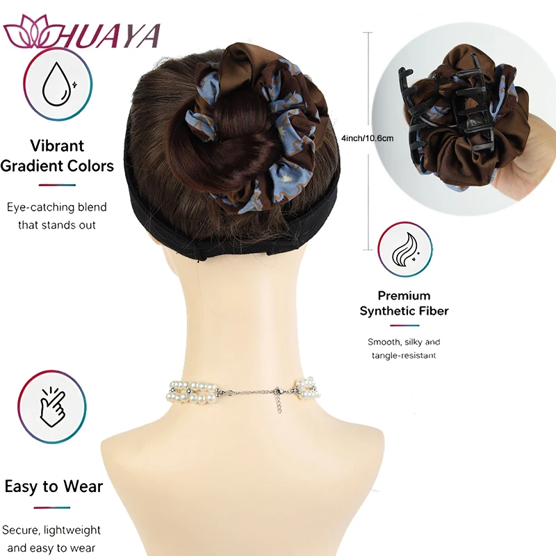 Vintage Print Scrunchie Hair Bun Wig, Synthetic Elastic Chignon Fake Bun Hair Piece, Fluffy Updo Hair Extensions for Women