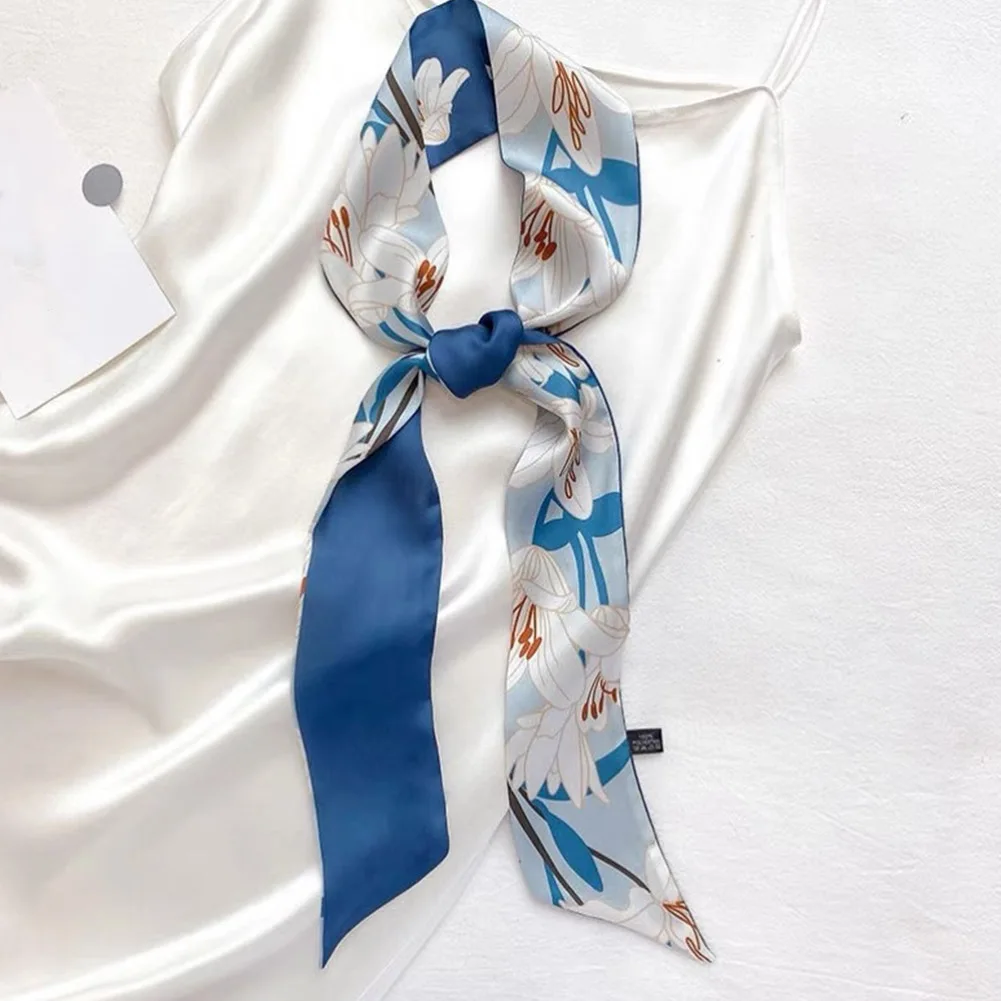 New Design Women Long Scarf Faux Silk Printing Hair Hand Girls Fashion Handkerchief Shawl Wraps Female Ribbon Scarves Neck Tie