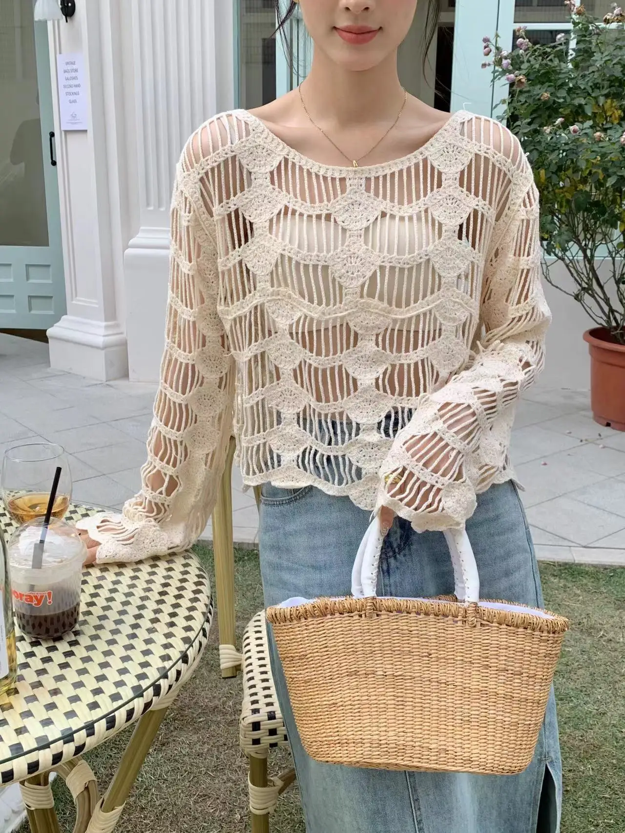 Pull en tricot amissié transparent à manches longues pour femmes, haut au crochet, pull évidé, tenue de plage de vacances Boho, printemps, été