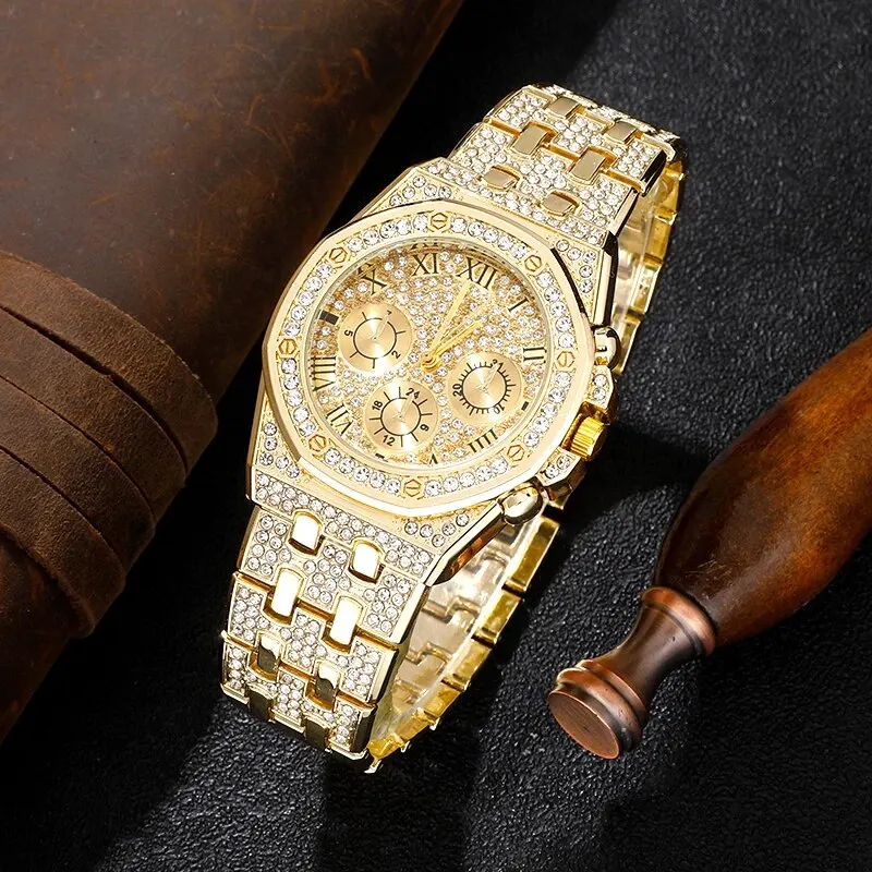 Luxe Heren Horloge Roestvrij Stee Band Gouden Horloges Voor Mannen Mode Hip Hop Horloge Diamant Big Dial Business Quartz Polshorloges