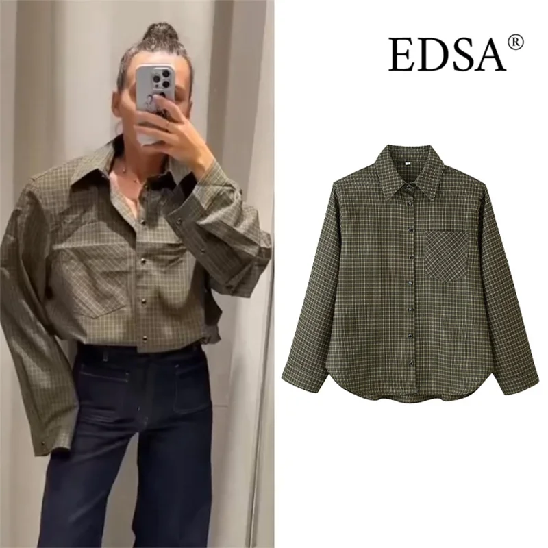 

EDSA Women Pladi Shirt with Shoulder Pads Long Sleeves Turn-down Collar for Office Lady Spring Autumn Female Tops