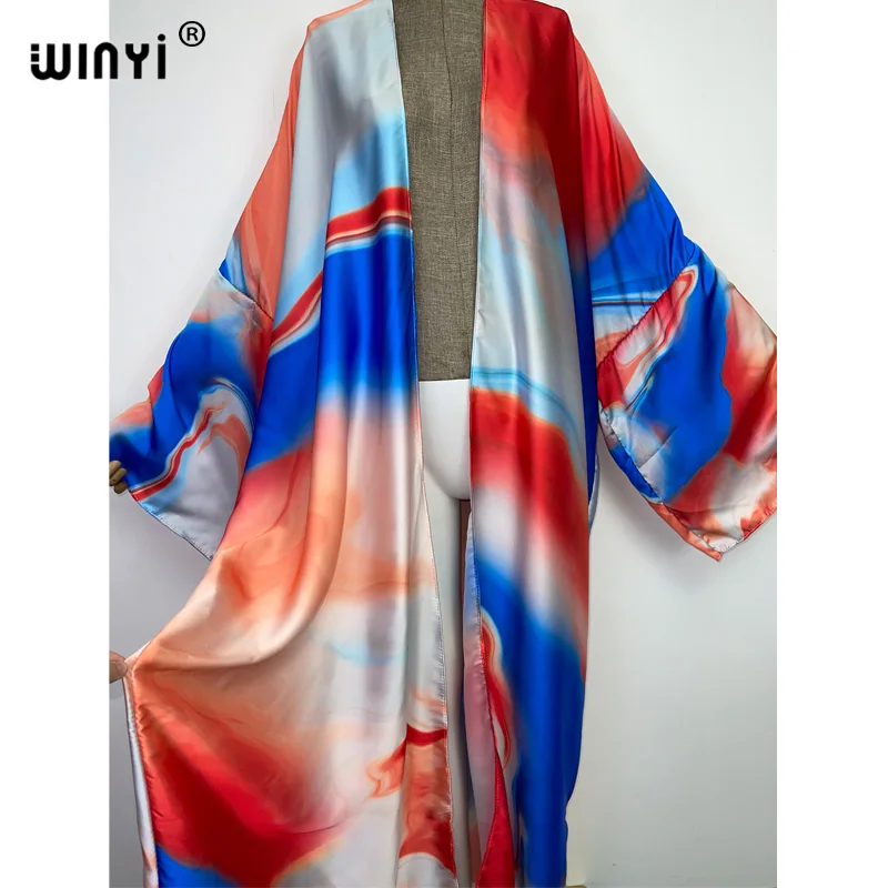 Winyi 2022 Herfst Kleurrijke Afdrukken Beach Wear Swim Pak Elegante Afrika Vrouwen Boho Vest Sexy Holiday Lange Dresssleeve Kimono