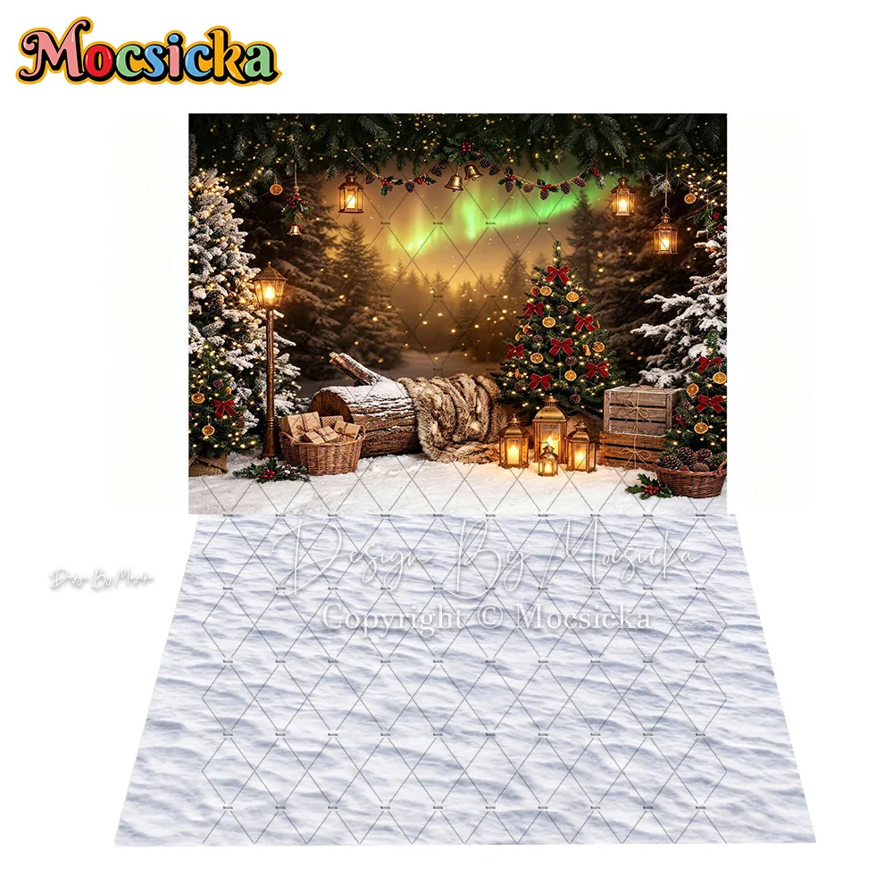 Mocsicka Snowy Christmas Archway Backdrop Photography Northern Lights Pine Forest Garland Lamp Background Newborn Photo Studio