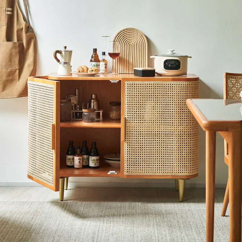 Nordic rattan solid wood dining side cabinet household living room multi-functional locker storage  multi-layer double door