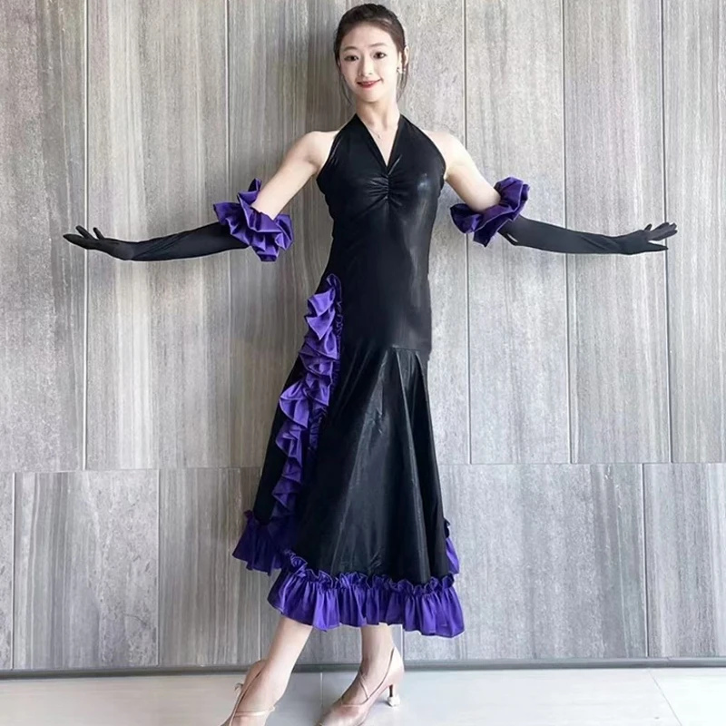 Ballroom Dance Competition Dress For Women Hanging Neck Purple Lace Splice Dress Gift Gloves Waltz Modern Dance Clothing DN16783