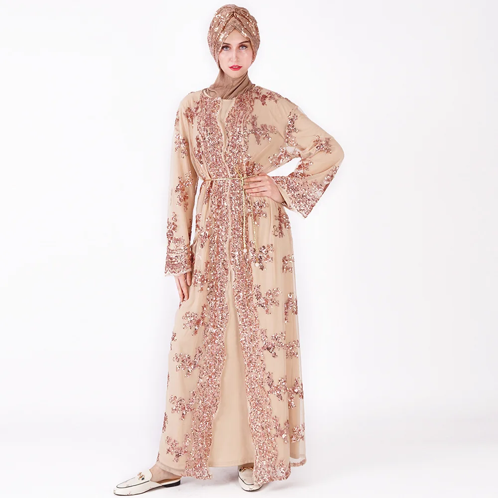 Luxury Rose Gold Sequin Dubai Evening Dress With Cardigan Elegant Arabic Muslim Long Sleeve Prom Dresses 2022 Formal Caftan Robe