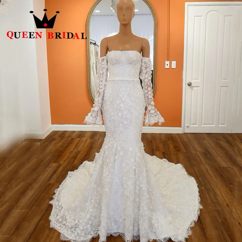 Exquisite Appliques Lace Pearls Wedding Dresses Boat Neck Off The Shoulder Mermaid Bride Gowns Robe De Mariée Custom Y89X