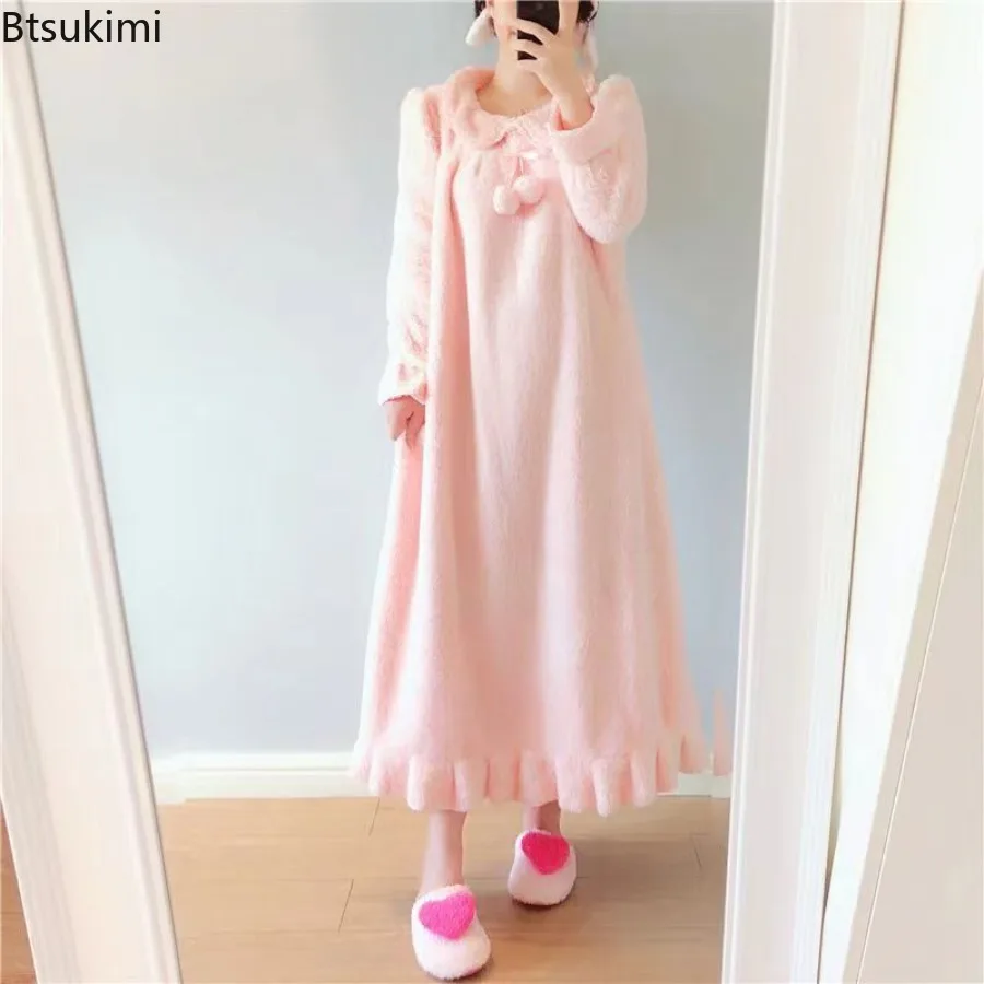 2025, Damen-Nachthemd aus dickem Flanell, Herbst und Winter, warm, einfarbig, langärmelig, Spitze, Nachtwäsche, neues süßes Mädchen-Nachthemd