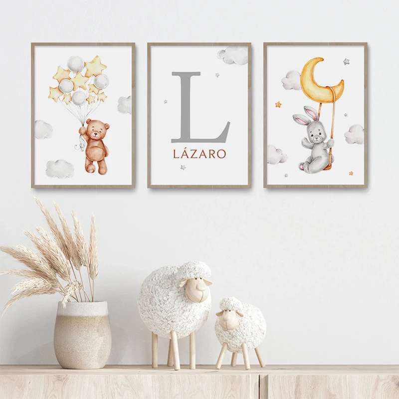 Watercolor Cute Teddy Bear and Rabbit Nursery Wall Art Posters and Prints Canvas Paintings Mural Pictures for Baby and Kids Room