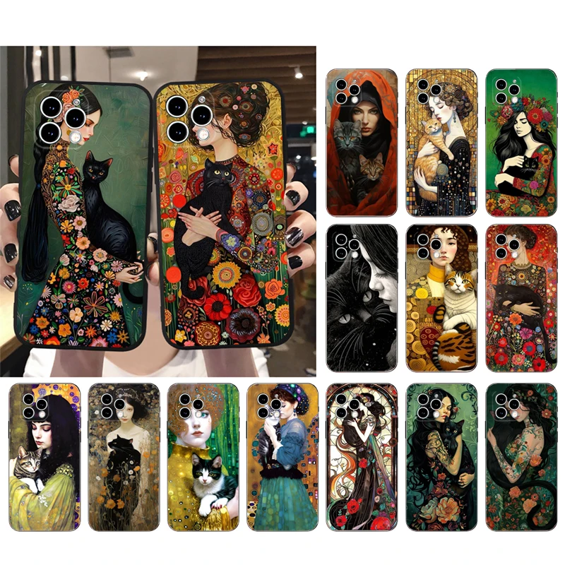 Woman and Cat Art Phone Case For iphone 16 15 14 Pro Max 16 15 14 13 12 Pro 15Plus iphone 11