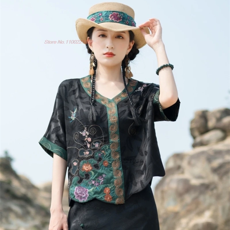 

2024 chinese vintage v-neck folk blouse national flower embroidery blouse traditional satin jacquard blouse improved hanfu tops