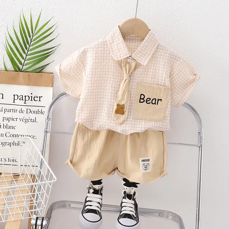 Summer Casual Baby Boy Toddler Causal ClothesPlaid Shirt Tops Pants 2Pcs/Set With Tie Cotton Kids Outfits Clothing Suit