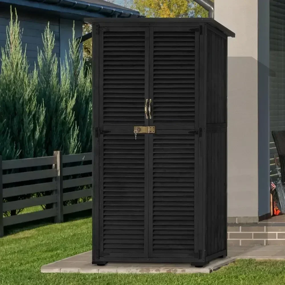 Medium Black Wooden Outdoor Storage Shed with Double Doors for Garden Tools and Patio Yard Lawn