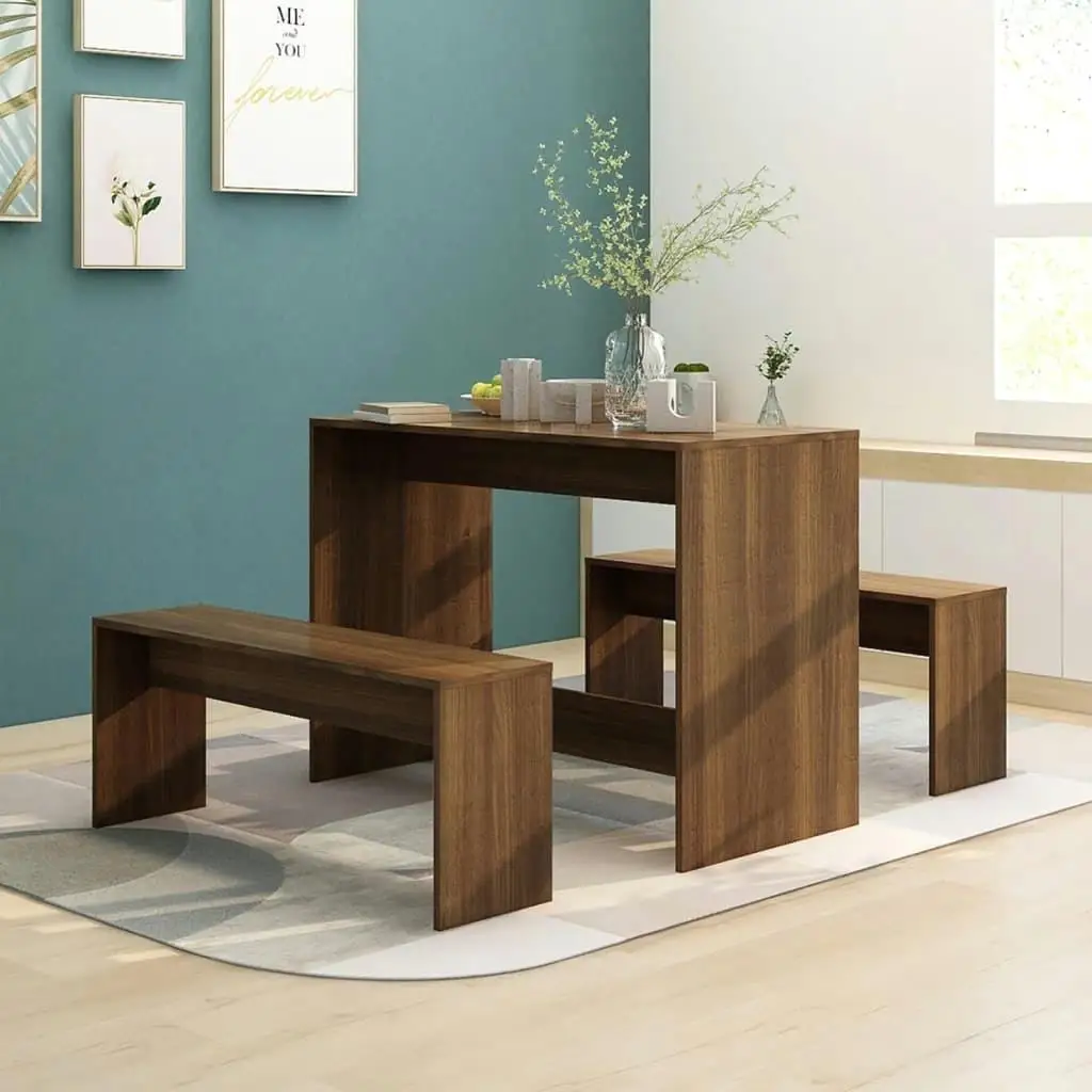 3-Piece Brown Oak Engineered Wood Dining Set - Stylish Table and Chairs for Home or Kitchen