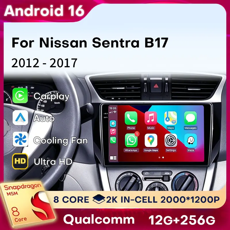 Radio para Auto con Android 16 y Carplay para Nissan Sentra B17 2012 2013 2014 2015-2017, WIFI, 4G LTE, GPS, Navegación, Reproductor DSP, Estéreo, BT
