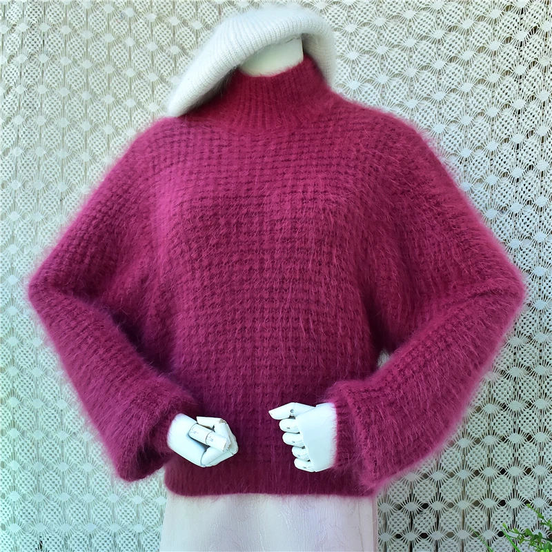 Women Mujer Hairy Angora Rabbit Hair Knitted Mock Neck Long Batwing Sleeves Short Style Crop Top Loose Pullover Sweater Jumper