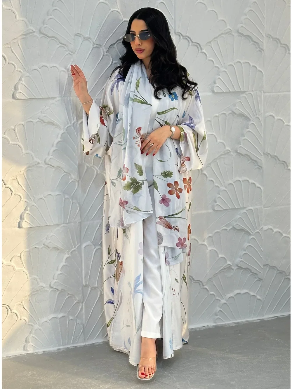 Dubai Cardigan Abaya Scarf Women Open Dress 2 Piece Set Eid Print Dubai Cardigan Morocco Caftan Jalabiya Long Roeb Ramadan Party