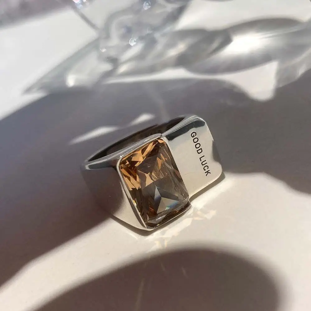 Korean S925 Silver Character Letter Square Diamond Ring Female Retro Fashion Simple Open Ring Hip Hop Index Finger Ring Trend