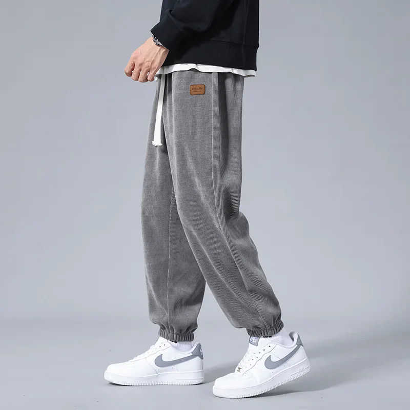 

Men Autumn Winter Versatile Leggings Corduroy Vintage Fashion Loose Sport Trousers Men Warm Drawstring Solid Color Casual Pants
