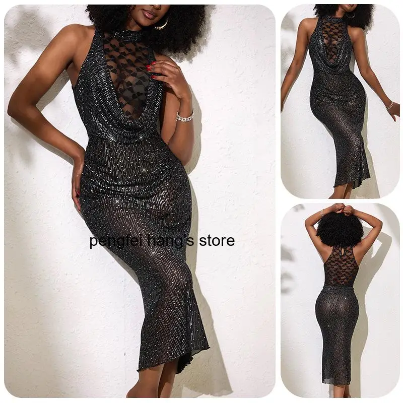 Women Halter Neck Glossy Long Dress Ruched Collar Mermaid Hem Slim Fit Sheer Mesh Evening Gown for Banquet Party Club Occasion