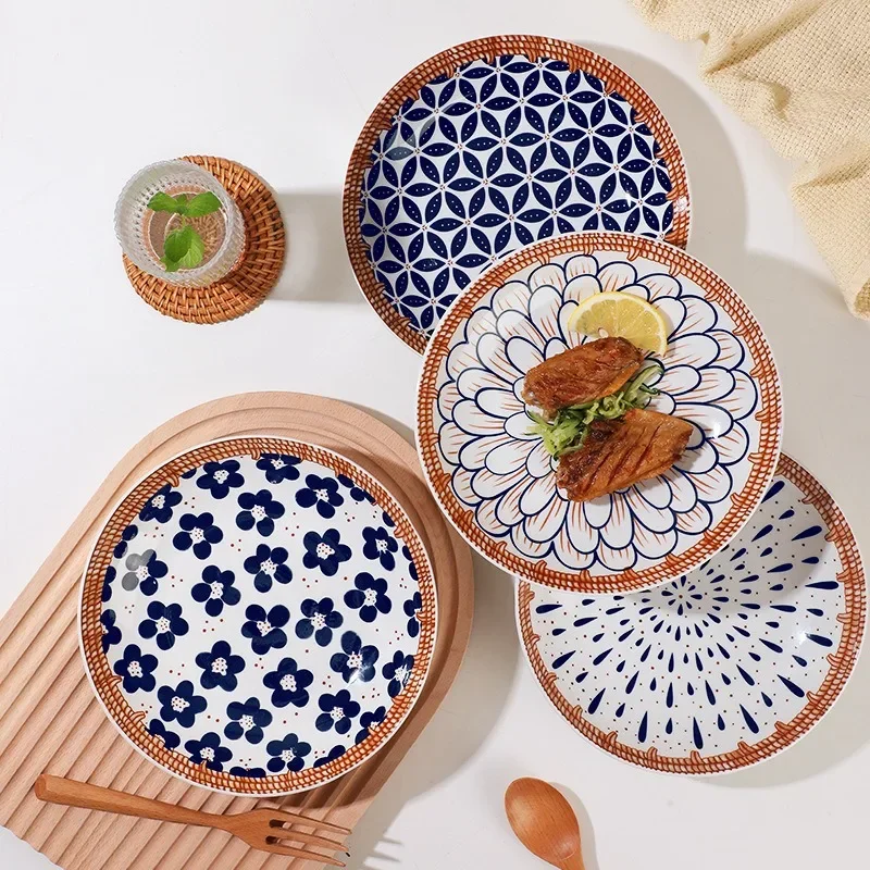 8 Inch Rattan Braided Pattern Porcelain Plate Hand Painted Underglaze Glaze High Temperature Fired Ceramic Household