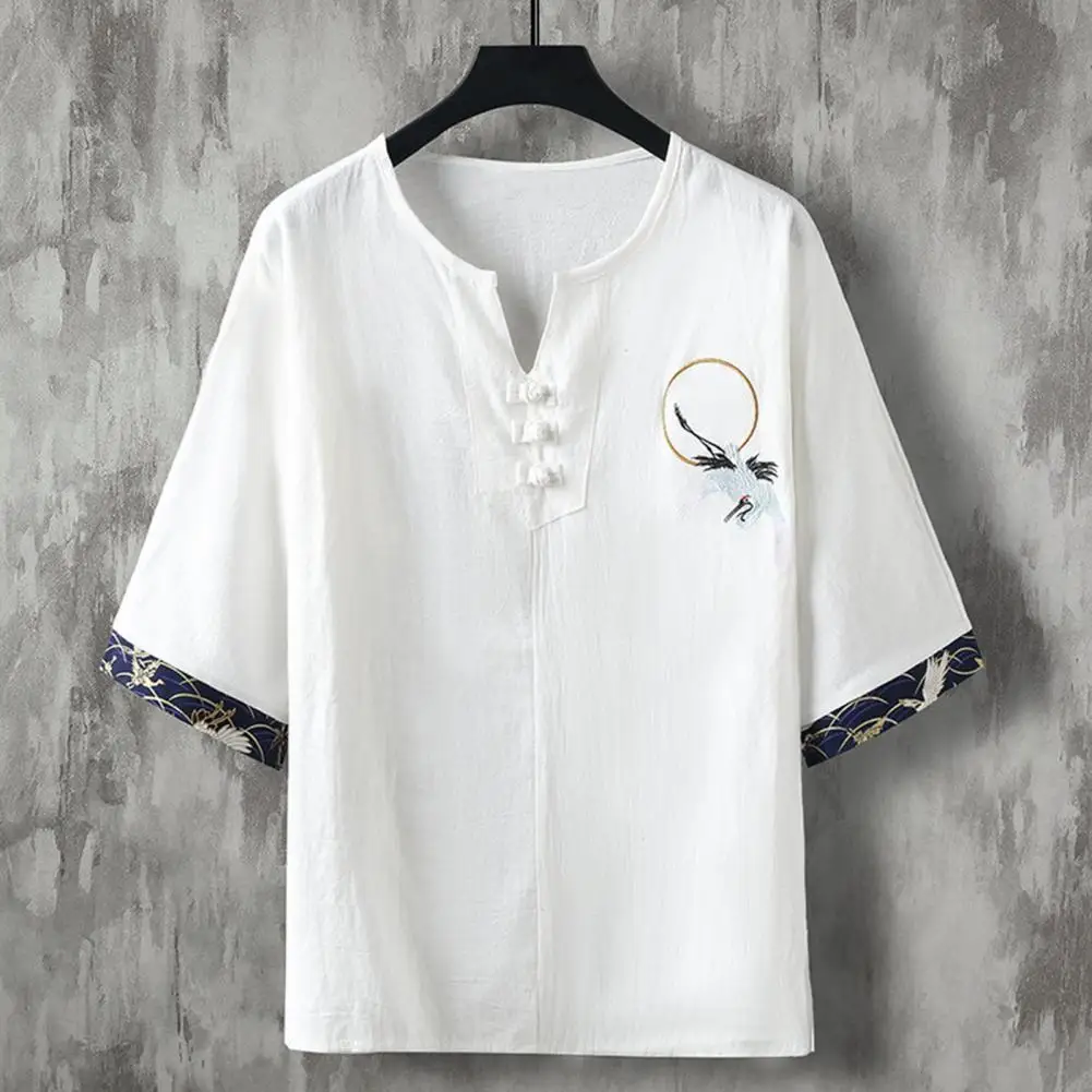 Men's T-shirt Retro Chinese Style V-bow Tie Short Sleeve Bird Embroidery Loose Solid Color Printed Casual Pullover Top