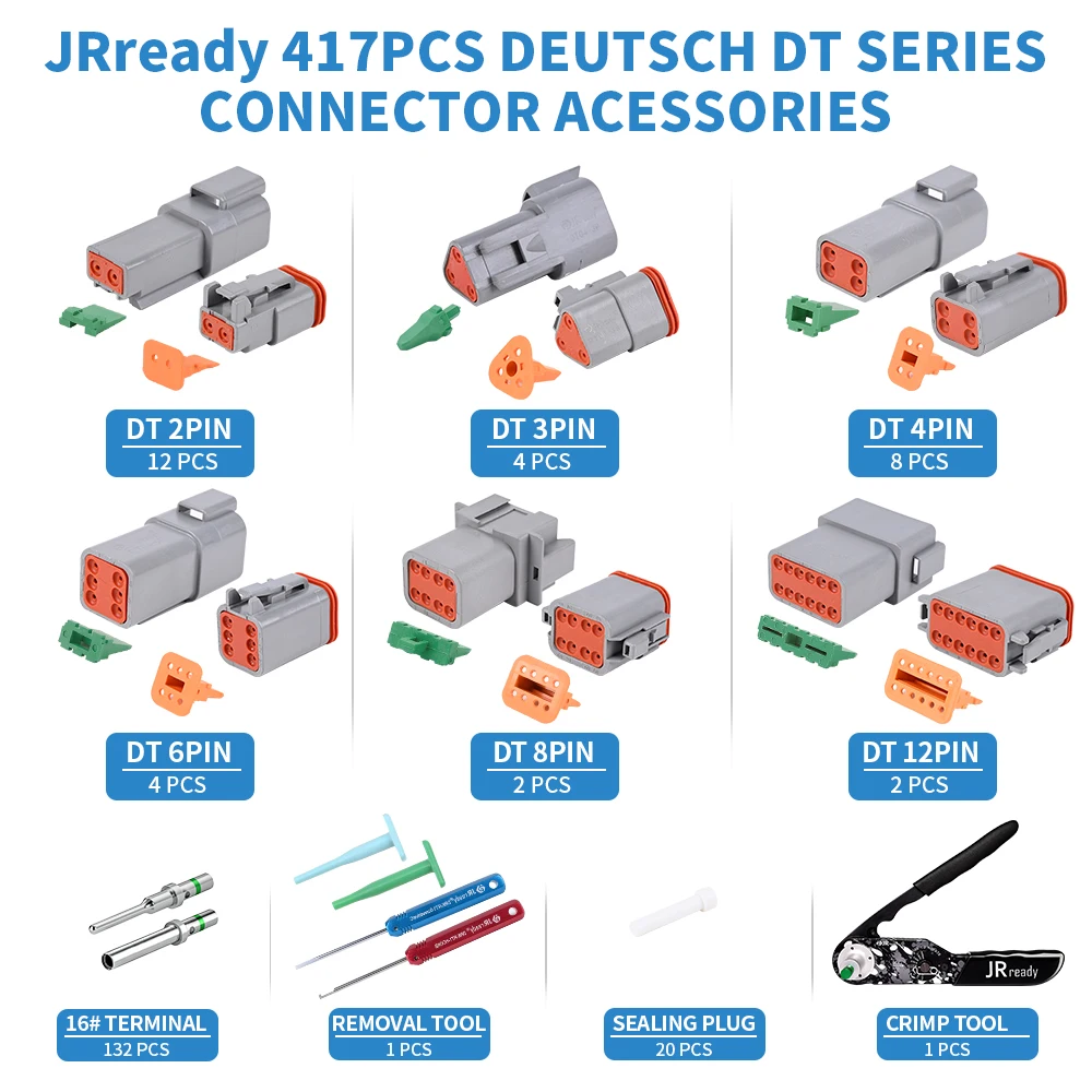 JRready ST6308 DT Connector Kit in 2,3,4,6,8,12 Pin with Solid Terminals DT2 Crimper Equivalent  to Deutsch Crimper HDT-48-00