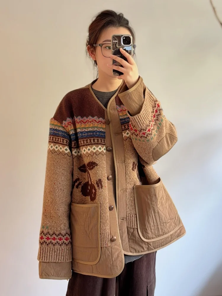 

Double-Sided Wear Floral Print 2024 Winter Women's Sweater Cardigan Active Sle Thiened Long Sve round Ne Coat Jaet