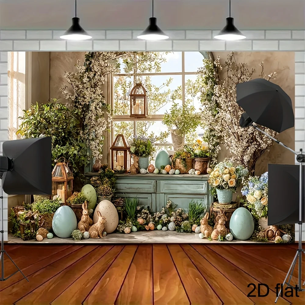 Flacher 2D-Osterhintergrund mit sanften Osteriern und Kaninchen auf der Fensterbank, Kaninchen und Ostereier